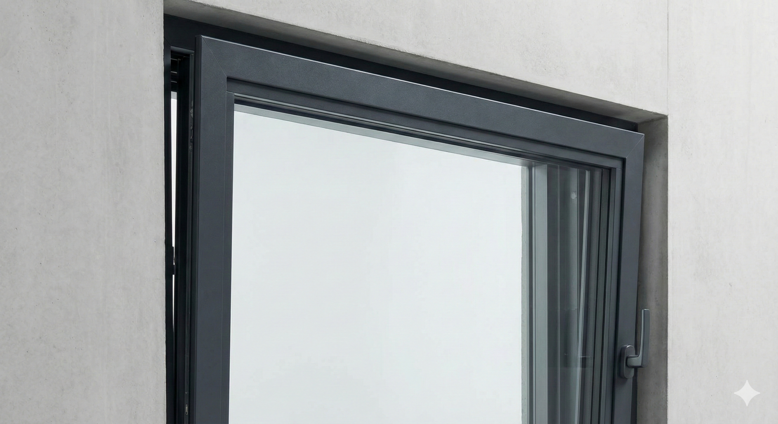 Modern dark grey aluminum tilt-and-turn window installed in a concrete wall.