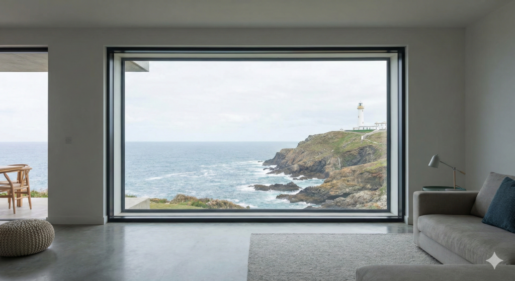Large dark fixed picture window in a minimalist modern home, framing a panoramic ocean coastline view with a lighthouse.