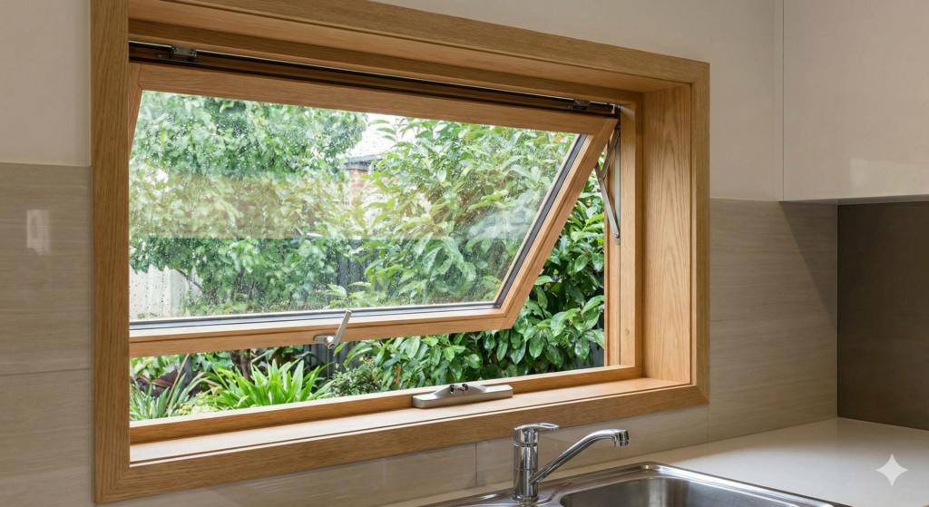 Light oak timber awning window, cranked open outwards above a kitchen sink, showing a wet garden view during rain.