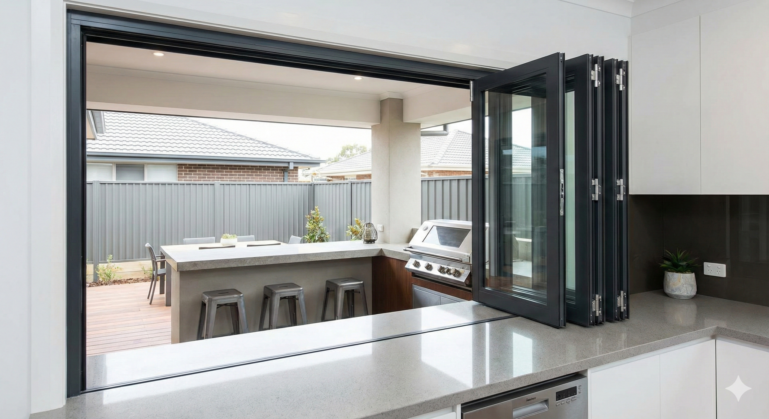 Dark grey aluminium bifold window system fully folded open, creating a servery pass-through between an indoor kitchen counter and an outdoor patio bar area.