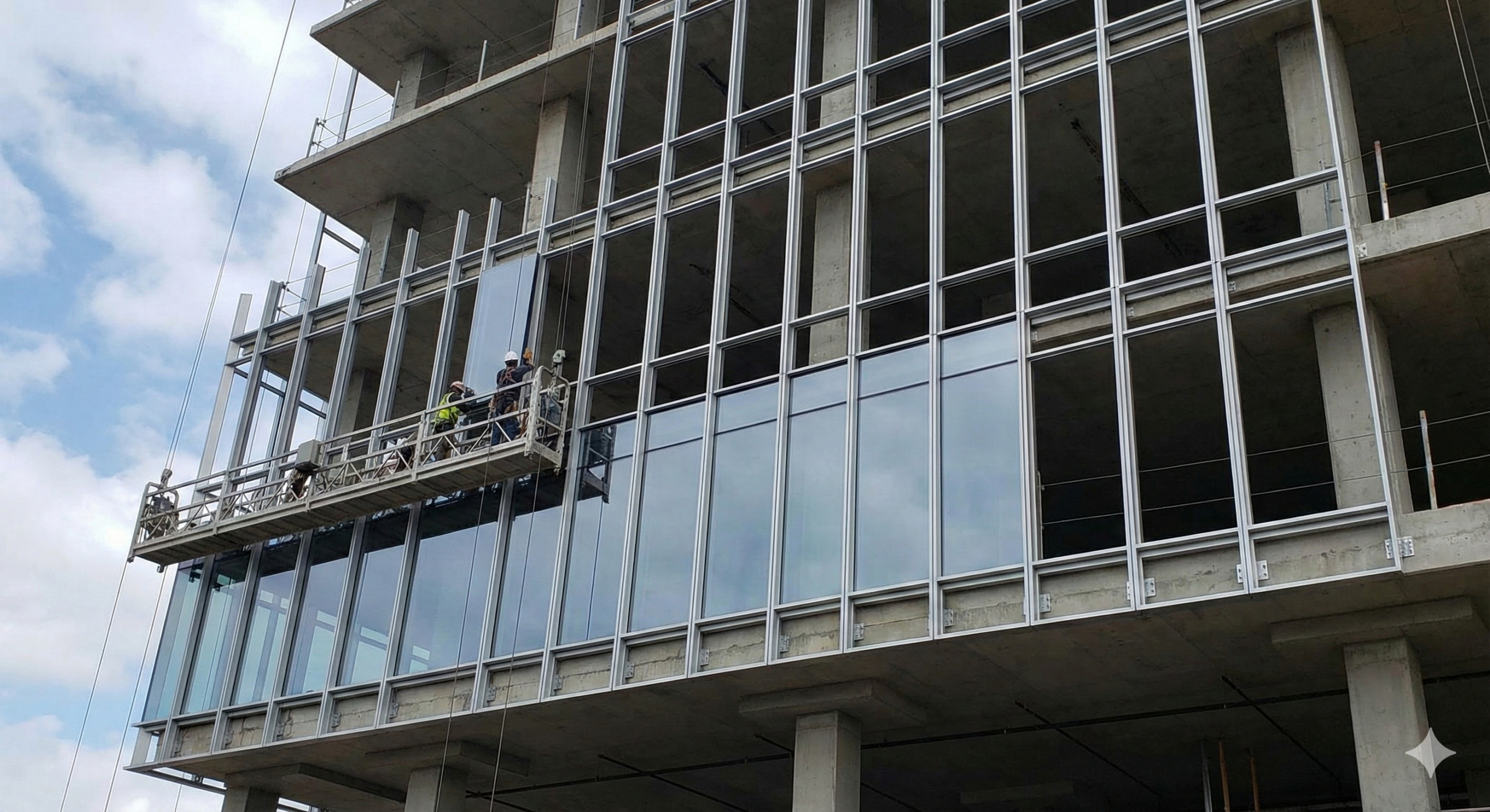 Installation of a stick curtain wall facade system.
