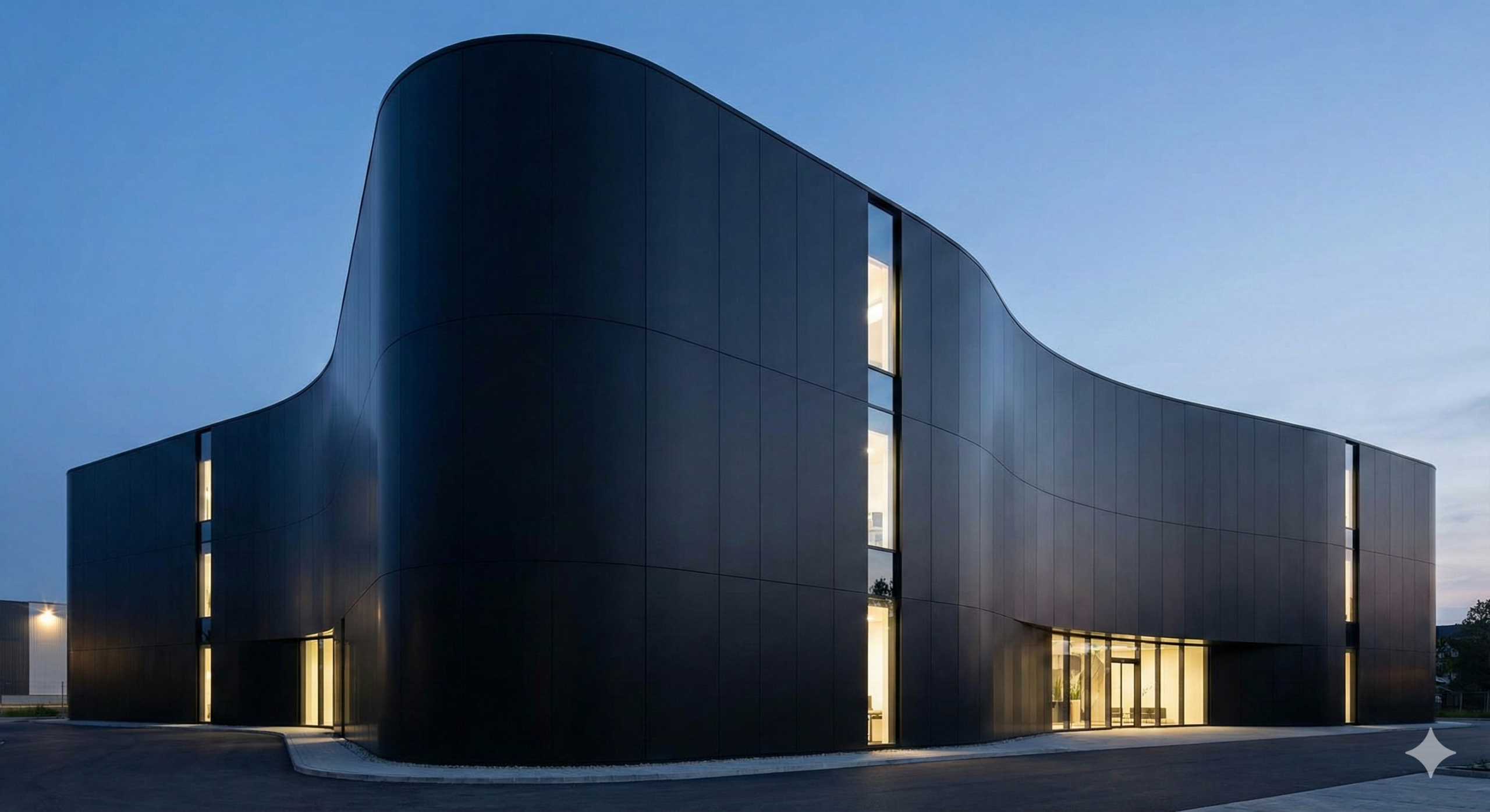 Contemporary building exterior clad in large-format, ultra-thin Sinterflex cladding panels for a lightweight and durable finish.