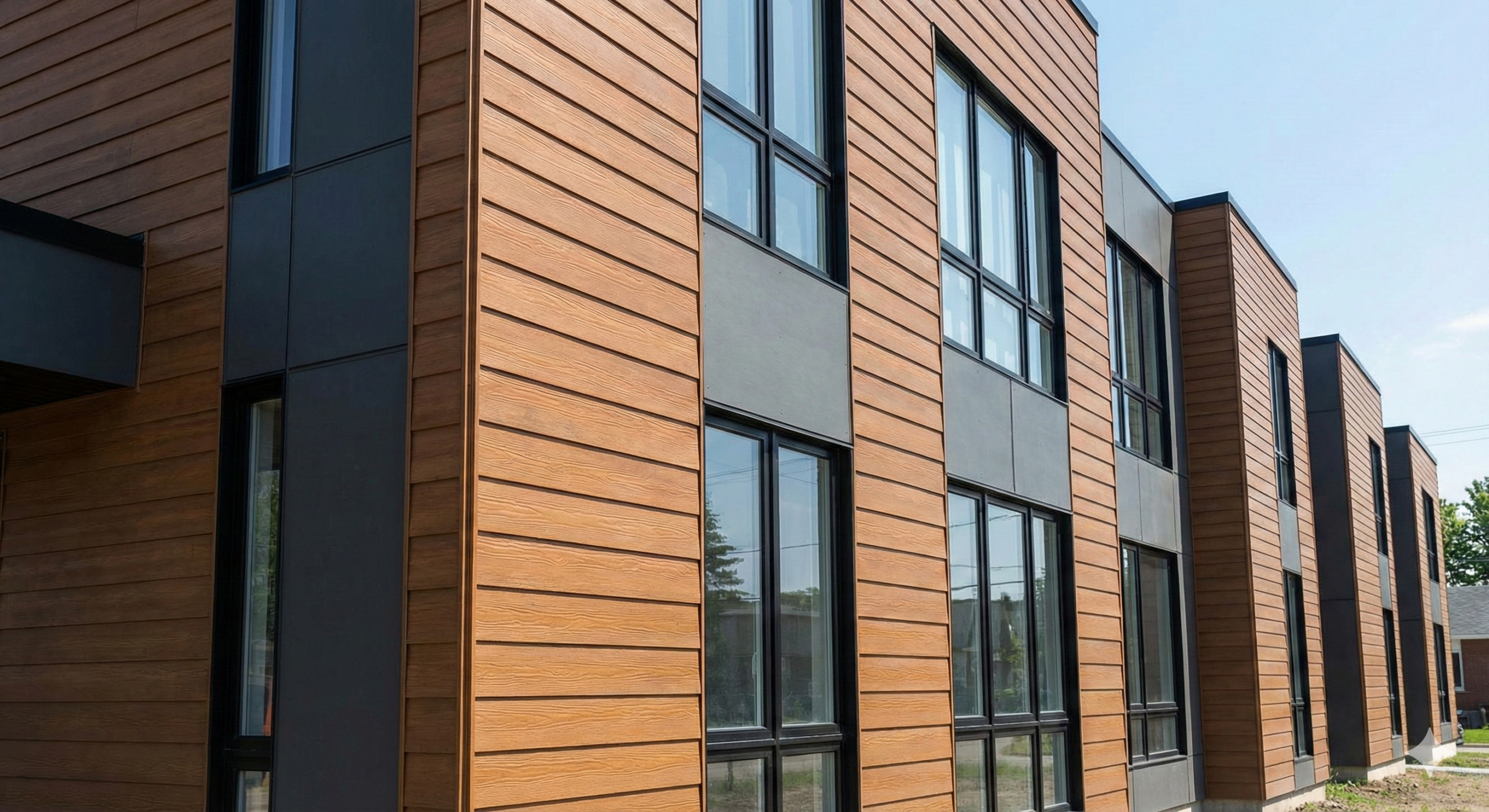 Low rise building with fiber cement cladding used.
