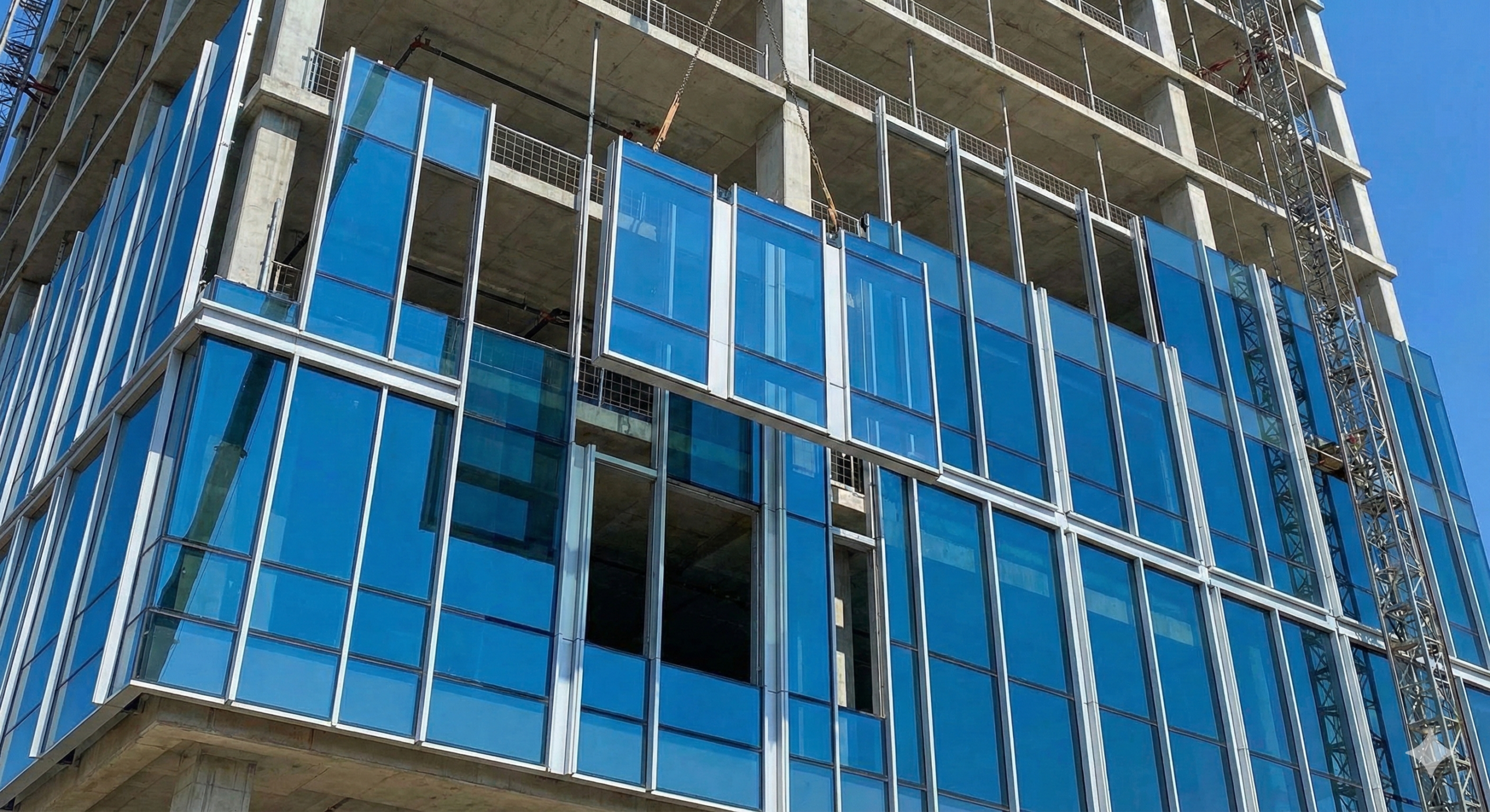 High-rise building featuring a unitized architectural facade system.