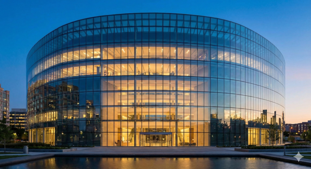 Exterior view at dusk of a modern, curved building featuring a seamless structural glazing system that creates a transparent, monolithic glass facade.