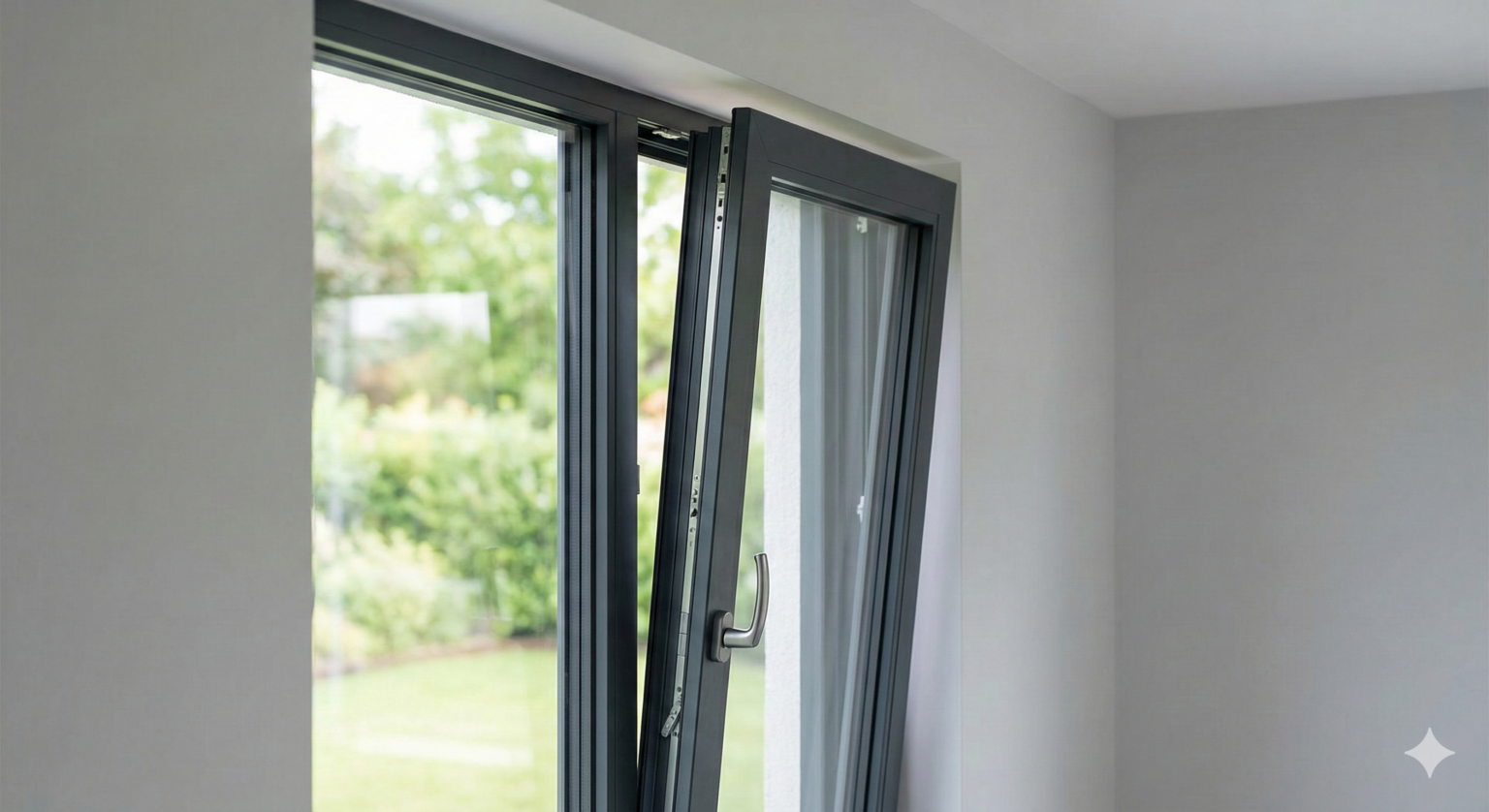 Modern dark grey aluminum tilt-and-turn window installed in a wall.