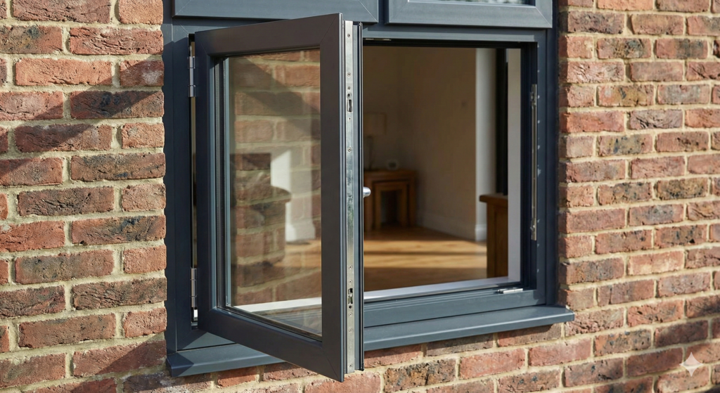 Modern anthracite grey aluminium casement windows and doors opening outward onto a garden patio, featuring slim profiles and double French door design for maximum ventilation.