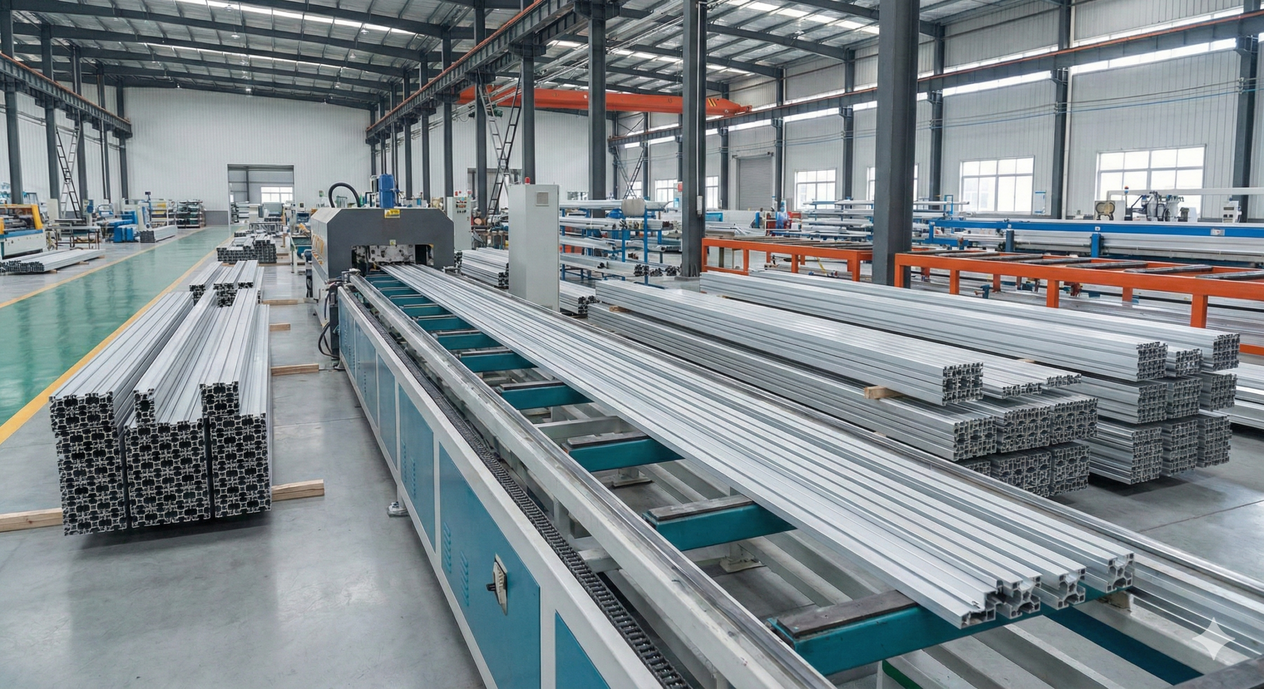 Aluminum manufacturing facility showing extruded profiles and production machinery.