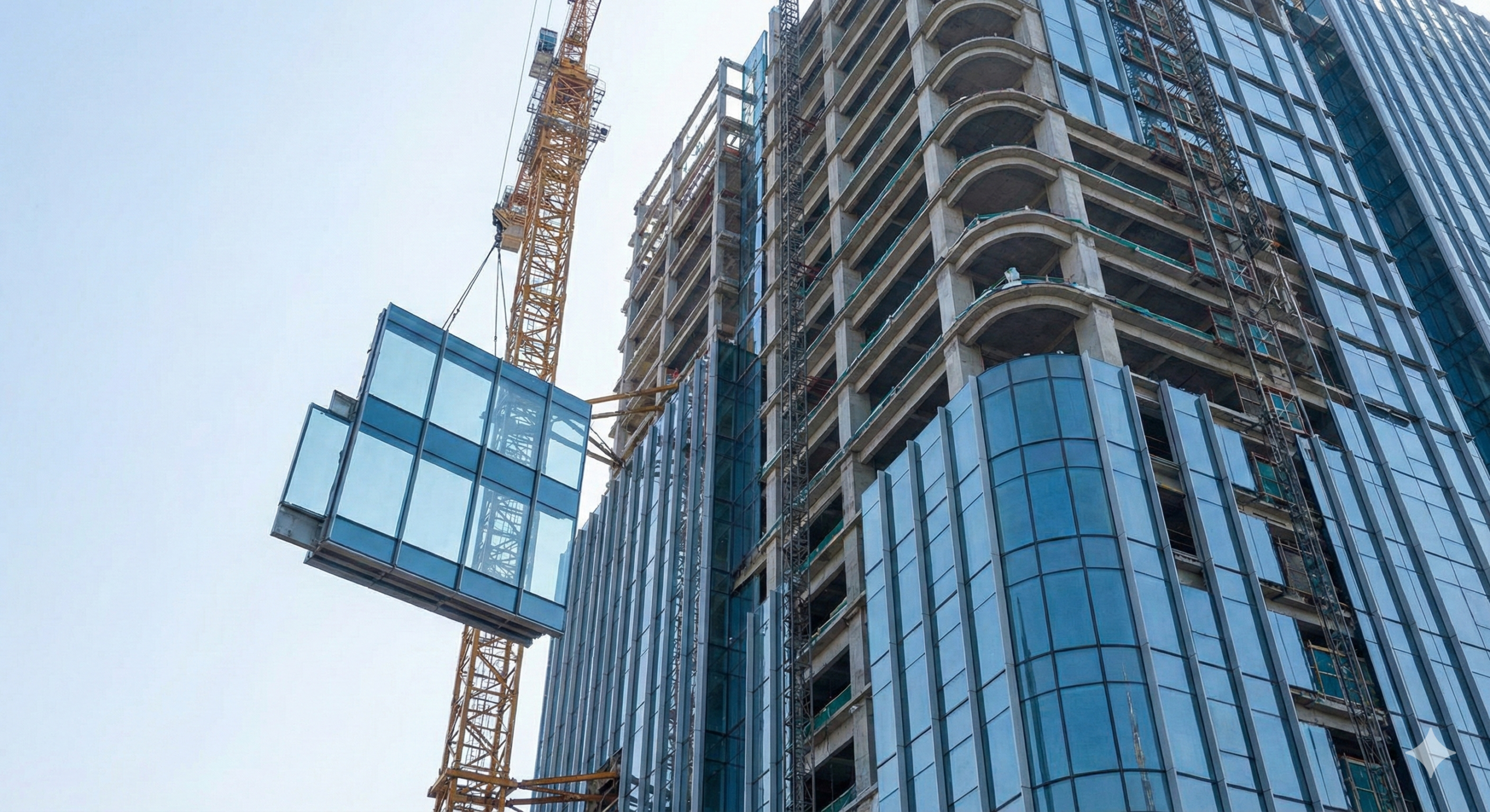 Installation of a unitized aluminum and glass facade panel on a high-rise construction site.