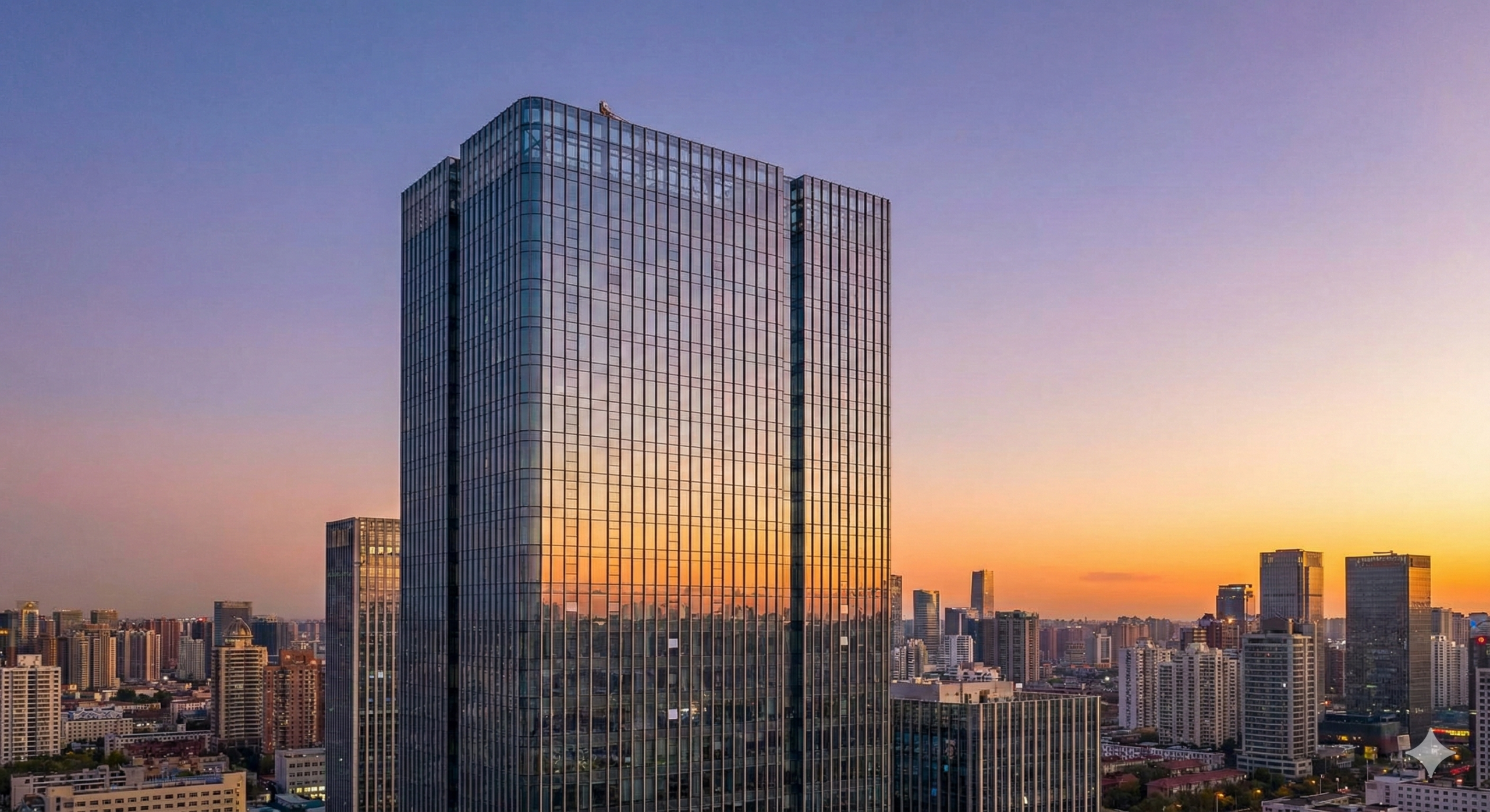 Modern skyscraper featuring a reflective glass curtain wall facade at sunset.