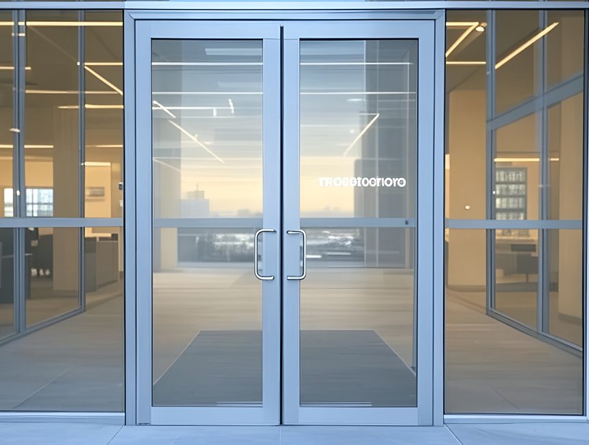 A sleek, modern aluminium front door with a dark textured finish and a vertical glass insert.
