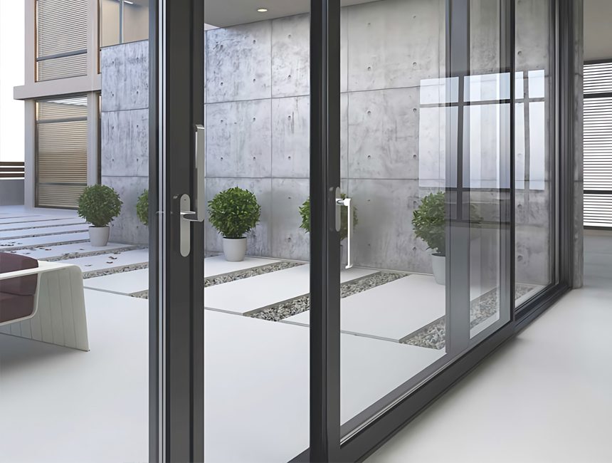 A massive, high-end lift & slide door with a large handle, showcasing a panoramic view.