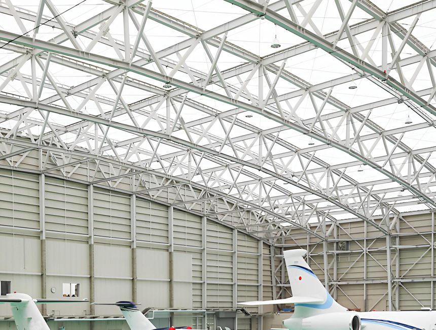 A low-angle view looking up at a vast space frame roof, featuring a complex geometric web of steel struts and nodes that span the entire ceiling without support columns.