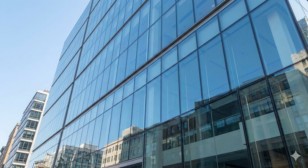 Low-angle view of a modern commercial building with a frameless structural glazing facade that reflects the blue sky and surrounding city architecture.