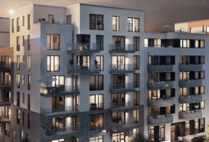 Modern facade featuring high-performance aluminum and PVC doors and windows designed for weather resistance.
