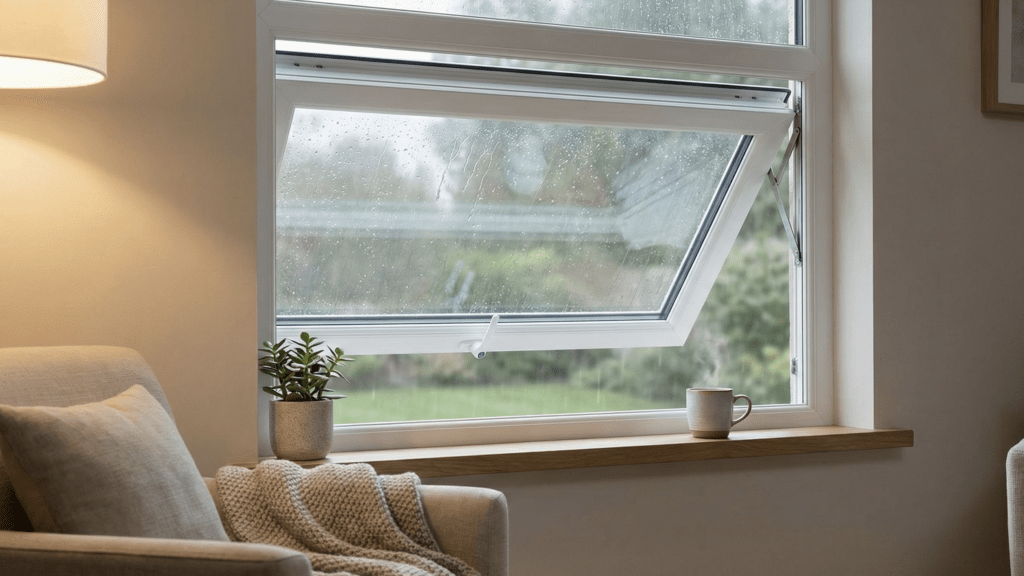 An interior shot looking out. A modern white PVC awning window is pushed open about 20 degrees. Outside, it is a grey, rainy day, with visible raindrops hitting the angled glass pane. Crucially, the interior window sill is completely dry, showing that the design is working. The room feels cozy and fresh despite the weather outside.