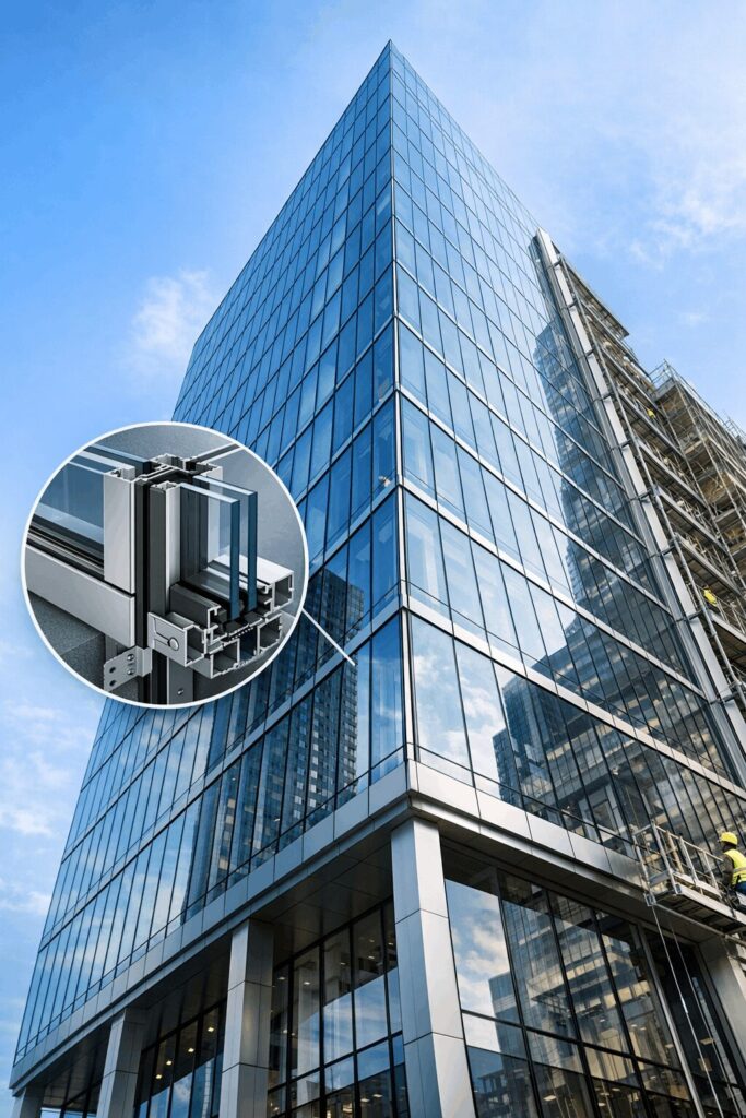Aluminium curtain wall facade system on a modern glass commercial building.